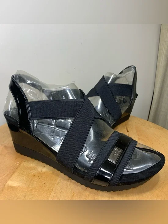 𝅺anne Klein Sport Black Wedged Elastic straps Sandals memory foam insoles - Picture 14 of 14